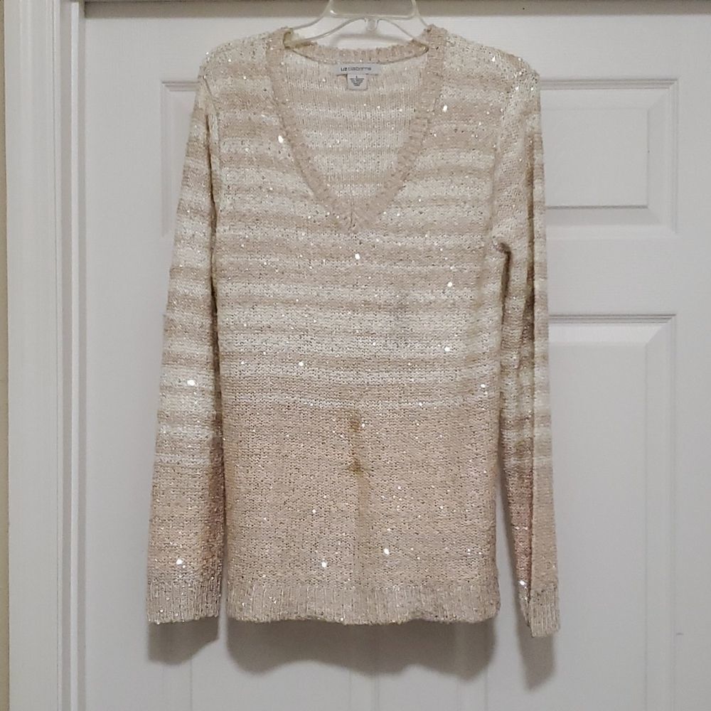 Liz claiborne cream long sleeve sequins sweater womens Large